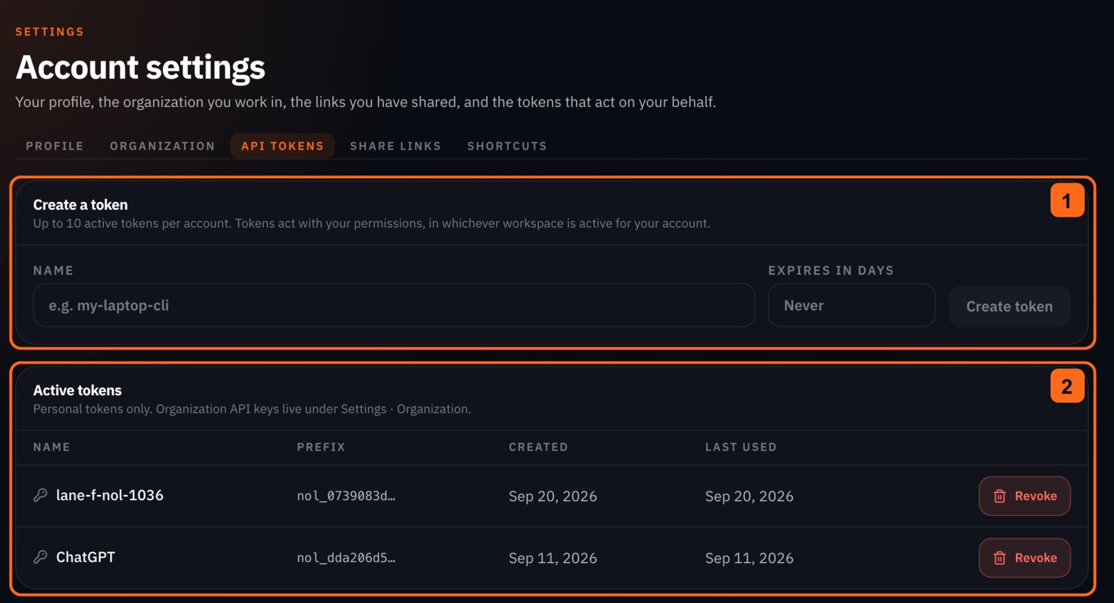 Settings, API tokens on nolgia.ai: create a token with an optional expiry (1), then see and revoke the active ones (2)