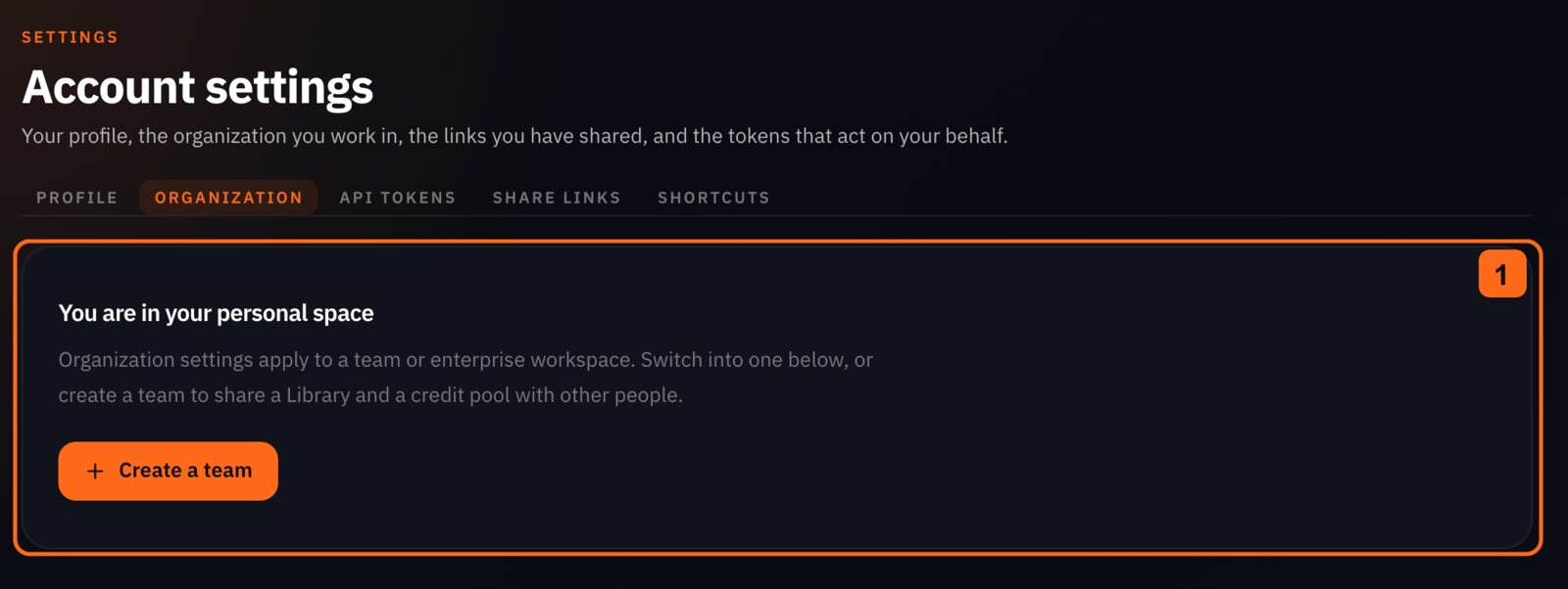 Settings, Organization on nolgia.ai: the personal space, with Create a team to start an organization (1)